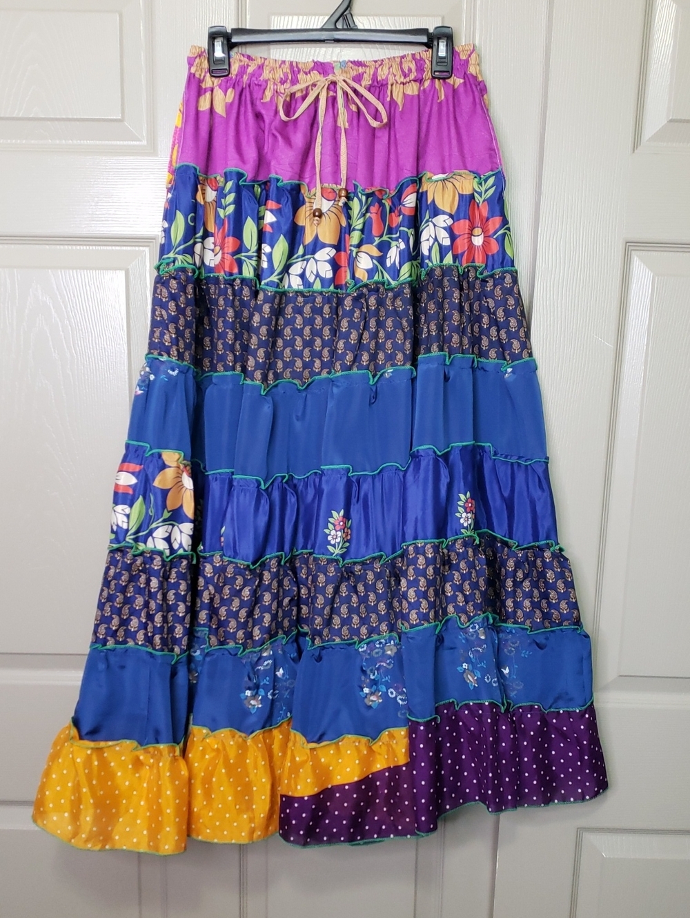 NWT WEVEZ Bohemian Tiered Frill Silk Blend Floral Patchwork Maxi Skirt One Size